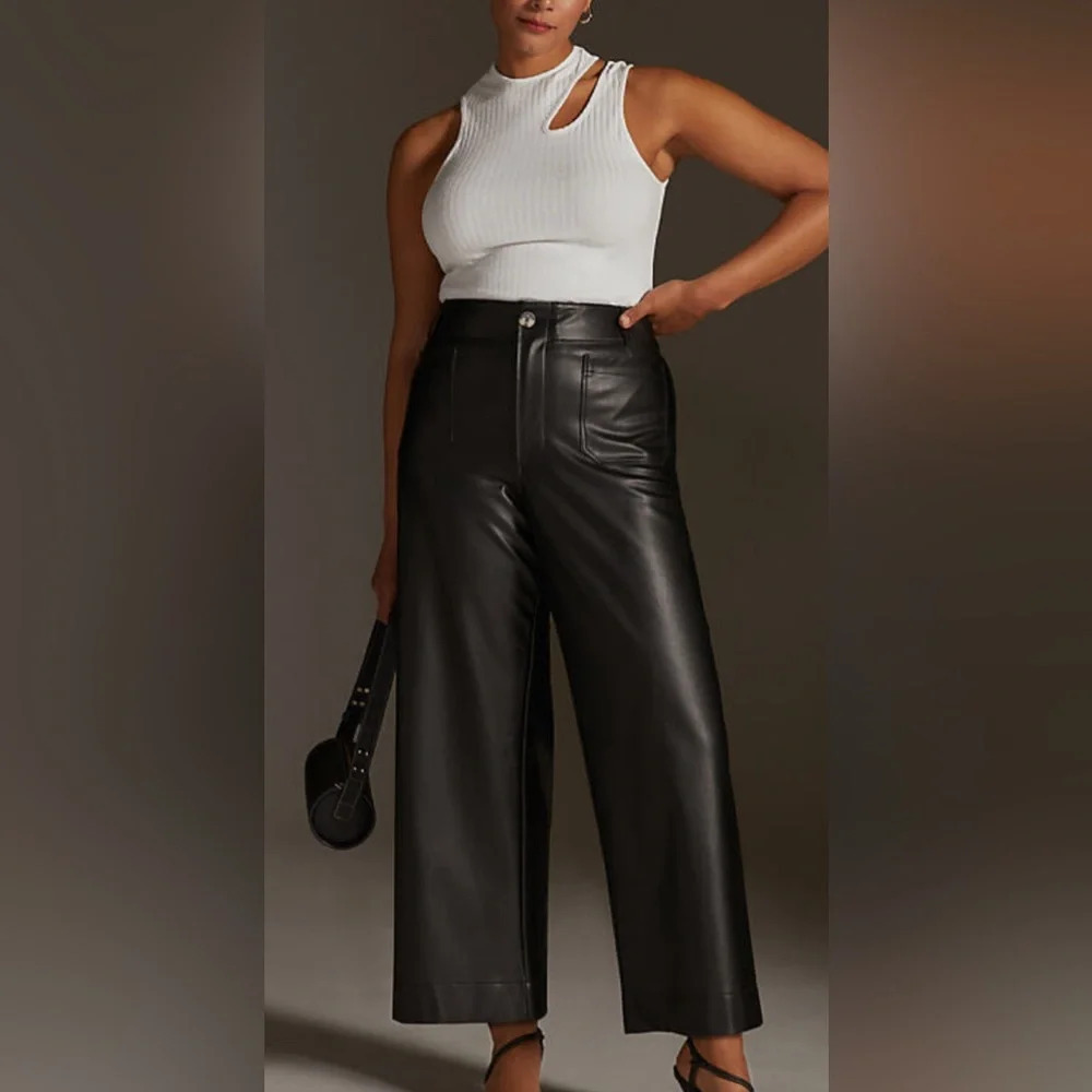 NWT Maeve The Collette Cropped Wide Leg Faux Leather Pant Black PETITE Size 31